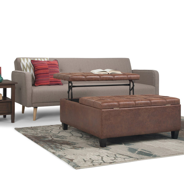 English Elm Harrison Coffee Table Storage Ottoman - Distressed Umber Vegan Leather With Hidden Storage & Seating B136P159147