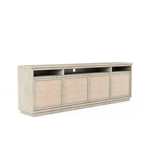 A.R.T. Furniture Cotiere Modern Entertainment Console: Linen Finish, Adjustable Shelves & Stylish Fabric-wrapped Doors Beige Parawood Solids,Mixed Split Cathedral And Quartered White Oak Veneer,Fabric 299423-2349