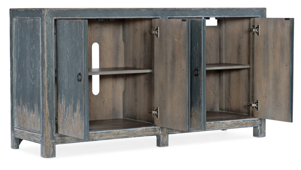 Hooker Furniture Boheme Antique Blue Four Door Media Console — Distressed White Oak Veneer, Ventilated Storage For Tv 5750-55460-BLU