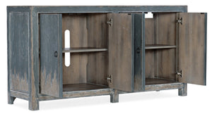 Hooker Furniture Boheme Antique Blue Four Door Media Console — Distressed White Oak Veneer, Ventilated Storage For Tv 5750-55460-BLU