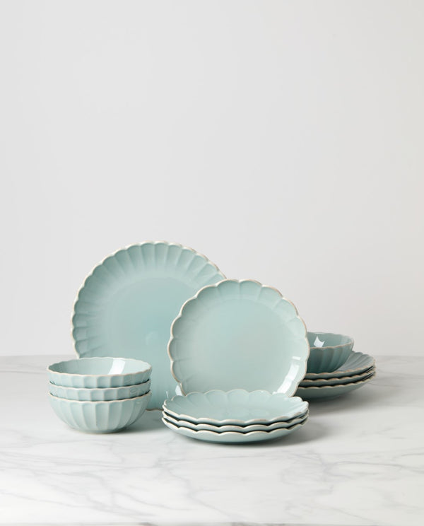 Lenox French Perle Scallop 12-Piece Dinnerware Set Blue, LT BLUE STONEWARE 894511