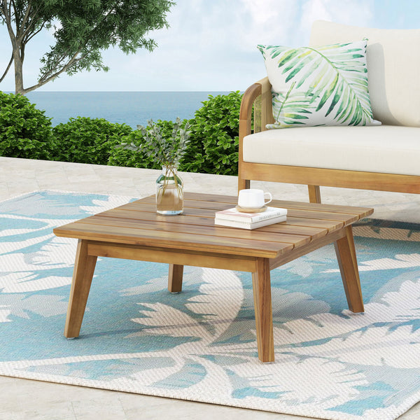 English Elm Crowne Solid Acacia Outdoor Coffee Table Teak Finish Slatted Top Patio Deck Lounge N773P392770B