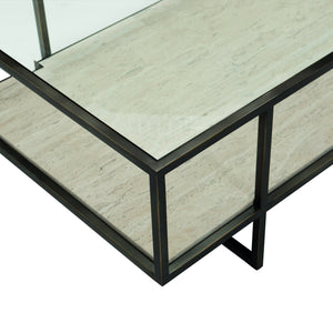 Bernhardt Bernhardt Harlow Metal Rectangular Cocktail Table — 54"W Tempered Glass Top, Travertine Shelf, Oil-Rubbed Bronze Finish 514021