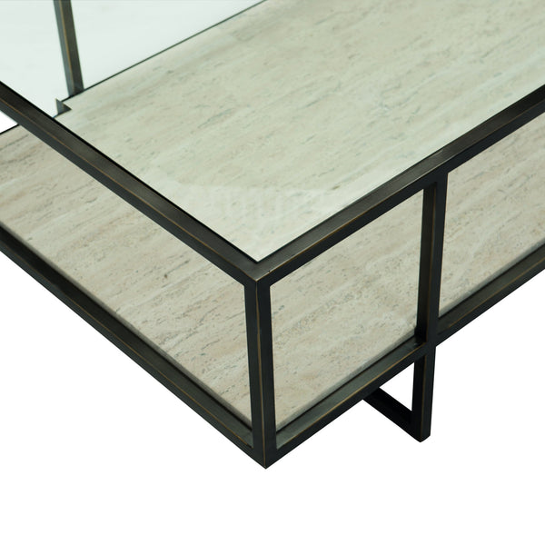 Bernhardt Bernhardt Harlow Metal Rectangular Cocktail Table — 54"W Tempered Glass Top, Travertine Shelf, Oil-Rubbed Bronze Finish 514021