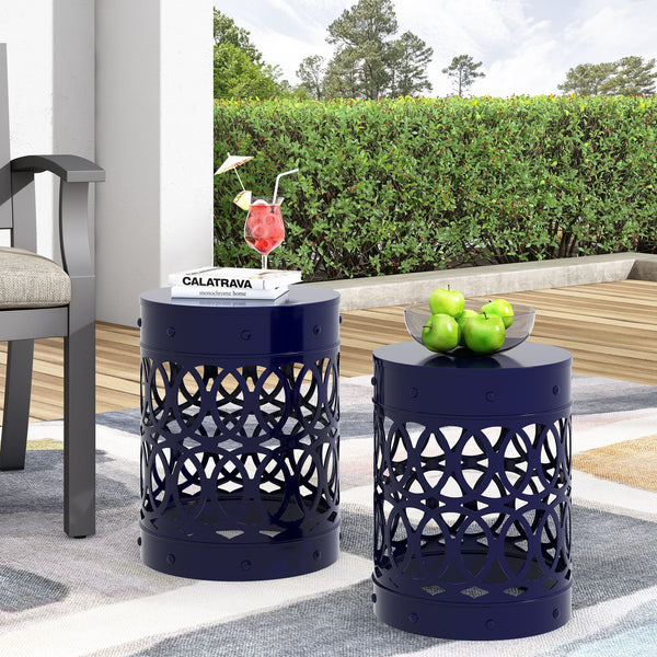 English Elm Outdoor Powder-coated Iron Nesting Accent Tables Set of 2 Laser-cut Circle Design Navy Blue 73606.00NBLU