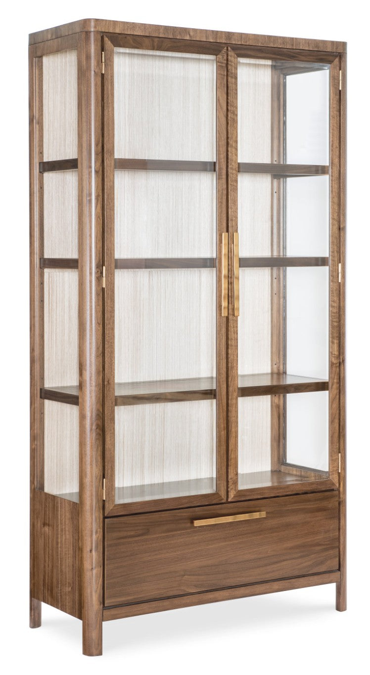 Hooker Furniture Eleana Walnut Display Cabinet With Beveled Glass, Touch Led Lighting, Grass-Cloth Back, Sunlit Bronze Hardware 7252-75906-85