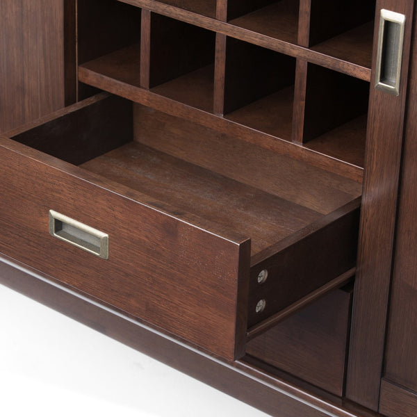 English Elm Draper Mid Century Sideboard Buffet with 12-Bottle Wine Rack, Solid Rubberwood, Medium Auburn Brown Finish, Tapered Legs and Brass Pulls B136P158156
