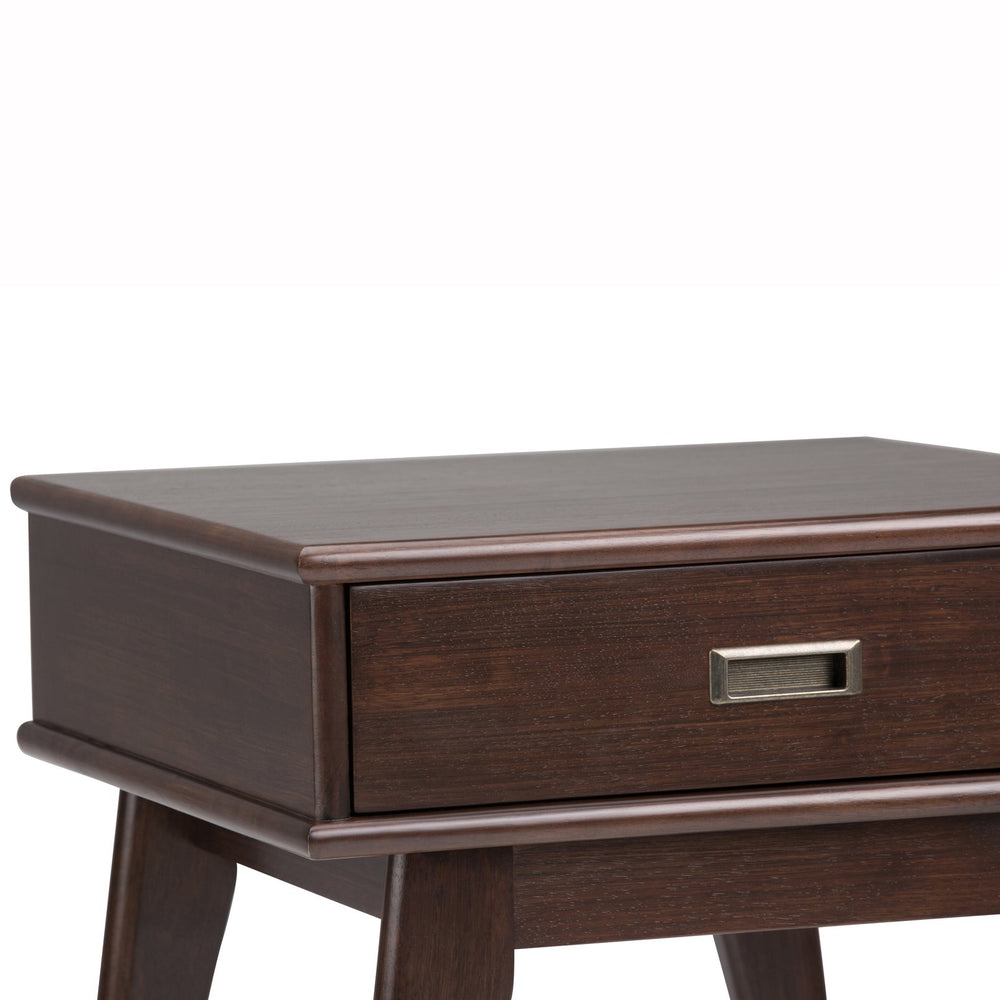 English Elm Draper Mid Century End Table - Handcrafted Solid Wood, Auburn Brown Finish & Spacious Storage Drawer B136P158147
