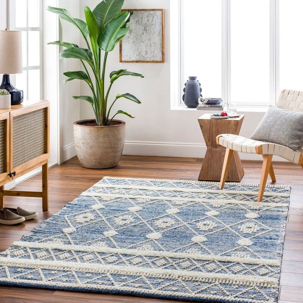 Livabliss Nadine Artisan Hand Woven Cotton Wool Runner Rug for Hallways and Entryways Ivory, Blue 9' x 12' NDD2302-912