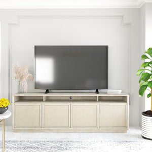 A.R.T. Furniture Cotiere Modern Entertainment Console: Linen Finish, Adjustable Shelves & Stylish Fabric-wrapped Doors Beige Parawood Solids,Mixed Split Cathedral And Quartered White Oak Veneer,Fabric 299423-2349