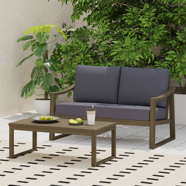 English Elm Christopher Knight Home® - SAMWELL Acacia Wood Outdoor Loveseat and Coffee Table Set with Water-Resistant Cushions, Sleek Slat Design DARK GREY 52.75 L x 33 W x 17.75 H 70137.00GDGRY