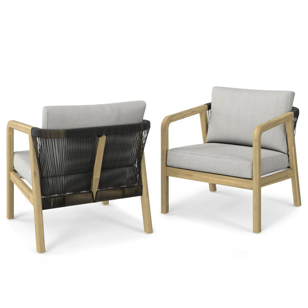 English Elm Palmetto Handcrafted Acacia Outdoor Conversation Chairs Set of 2 in Stone Grey with Rope Detail, Weather-Resistant Cushions B136P159955