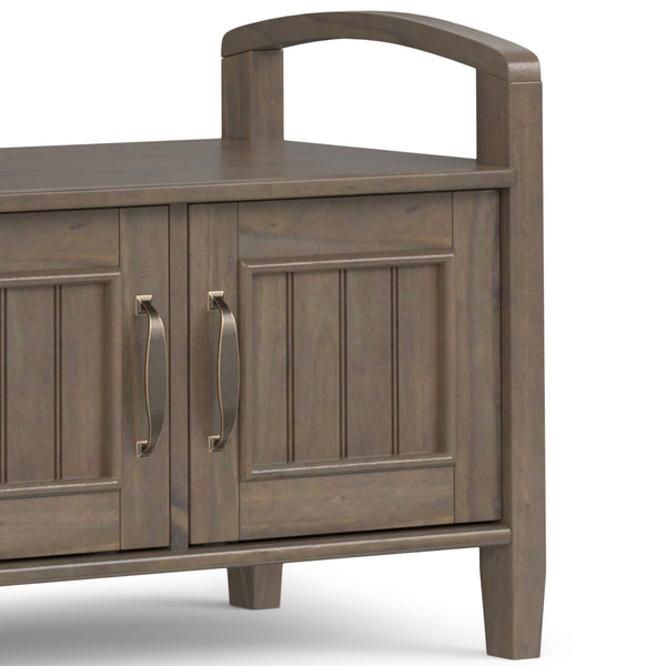English Elm Lev Smoky Brown Entryway Storage Bench with 3 Doors, Spacious Seat for 2, Solid Wood, Grooved Detail B136P158817
