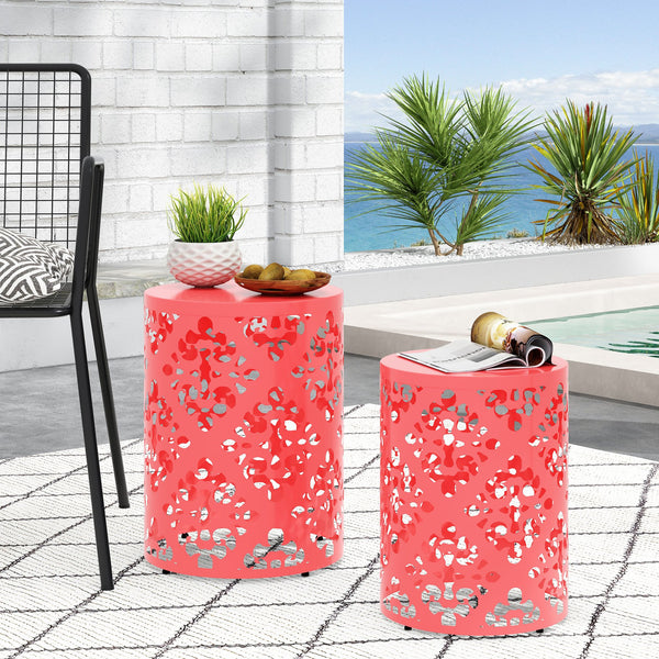 English Elm Metal Nesting End Table Set of Two with Floral Iron Cut Design for Living Room Coral 73604.00DCRL