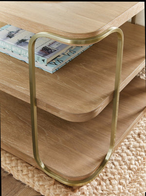 Hooker Furniture Banyon Desert Oak End Table With Brushed Brass Stainless Legs, Wire‑Brushed Cerused Finish — 26"L X 22"W X 24"H 6081-80113-82