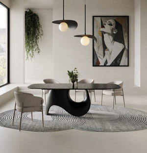 VIG Furniture Neptune Sculptural Grey Wave Glass Dining Table With Black Pedestal, Seats 8, Durable Textured Top VGVC-T2378