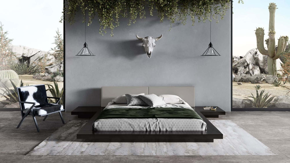 VIG Furniture Tokyo Modern Eastern King Platform Frame With Grey Upholstered Headboard Cushions, Low-Profile Design Black Bed VGMABR-90-BLK-GRAY-EK