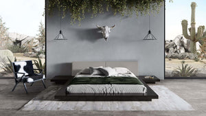 VIG Furniture Tokyo Modern Eastern King Platform Frame With Grey Upholstered Headboard Cushions, Low-Profile Design Black Bed VGMABR-90-BLK-GRAY-EK