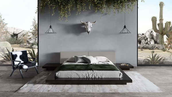 VIG Furniture Tokyo Modern Eastern King Platform Frame With Grey Upholstered Headboard Cushions, Low-Profile Design Black Bed VGMABR-90-BLK-GRAY-EK