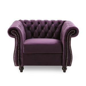 English Elm Christopher Knight Home® - Chesterfield Velvet Club Chair with Birch Wood Legs — Luxurious Textures, Deep Comfort, Elegant Accent Seating Dark Purple 34.75 L x 34 W x 24.75 H 66583.00BLKBRY