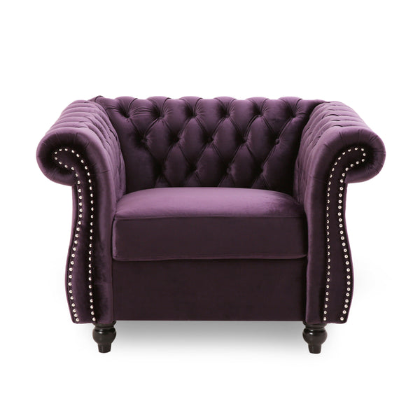 English Elm Christopher Knight Home® - Chesterfield Velvet Club Chair with Birch Wood Legs — Luxurious Textures, Deep Comfort, Elegant Accent Seating Dark Purple 34.75 L x 34 W x 24.75 H 66583.00BLKBRY