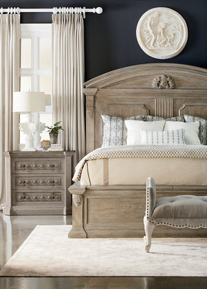 A.R.T. Furniture Arch Salvage Chambers Panel Bed With Cedar-lined Storage, Carved Details, And Elegant Parch Finish Brown, Gray Parrawood Solids,Cathedral Elm Veneers 233157-2802