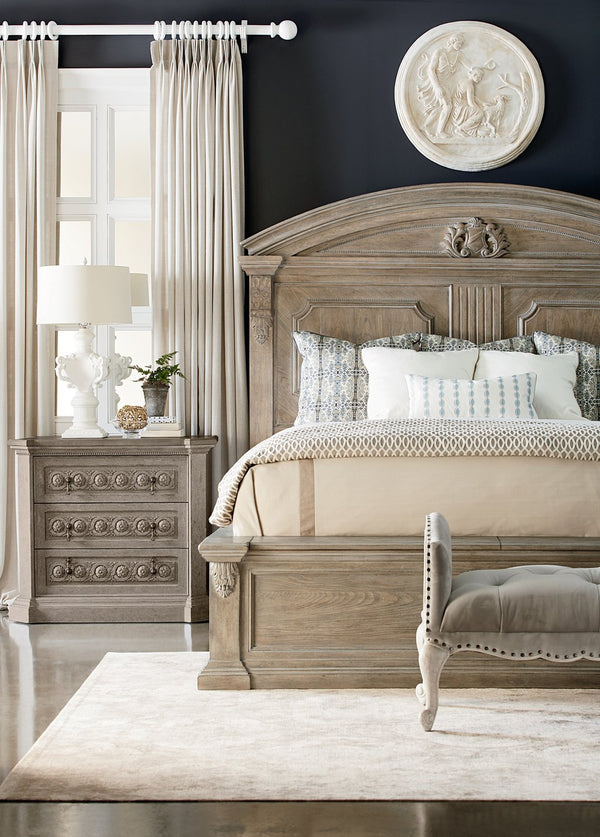 A.R.T. Furniture Arch Salvage Chambers Panel Bed With Cedar-lined Storage, Carved Details, And Elegant Parch Finish Brown, Gray Parrawood Solids,Cathedral Elm Veneers 233157-2802