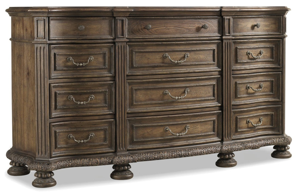Hooker Furniture Rhapsody Rustic Twelve-Drawer Dresser With Cedar-Lined Drawers, Drop-Front Charging Center, Walnut Finish 5070-90002