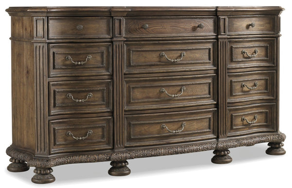 Hooker Furniture Rhapsody Rustic Twelve-Drawer Dresser With Cedar-Lined Drawers, Drop-Front Charging Center, Walnut Finish 5070-90002