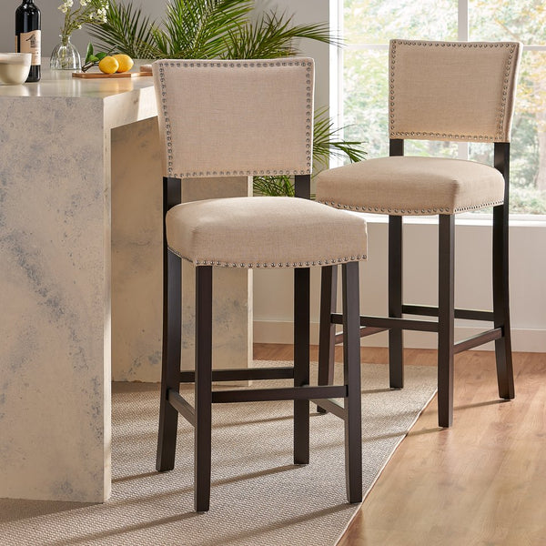 English Elm Christopher Knight Home® - Barstools Beige set of 2 with Rivet Accent, Upholstered Fabric Cushion, Durable Wood Frame, Versatile 56695.00
