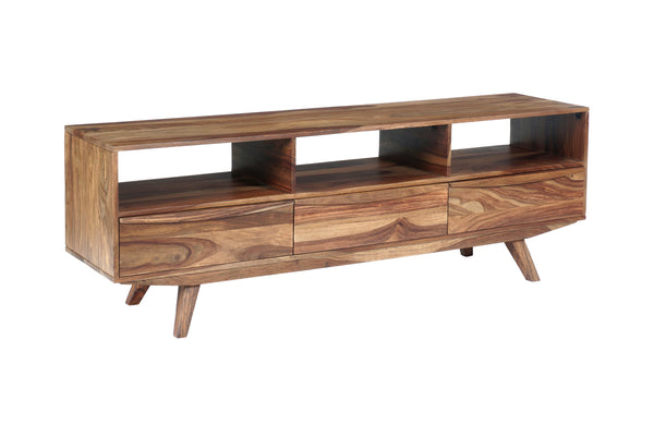 Porter Designs Porter Fusion Solid Sheesham Wood Tv Stand With 3 Drawers & Open Storage, Mid-century Modern Design Light Brown Wood 06-117-03-6733n