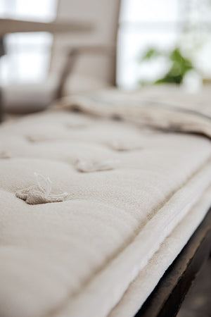 Hooker Furniture Ciao Vintage-Style Bench With Reversible Tufted Cushion, Harp Legs & Burnished Brass Stretcher 5805-90019-99