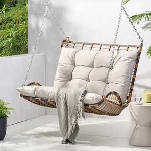 English Elm Christopher Knight Home® - ARRUDA Wicker Porch Swing with Water-Resistant Cushions, Iron Frame, Boho Outdoor Hanging Seat, 800 lb Capacity Brown+Beige 70653.00BGE