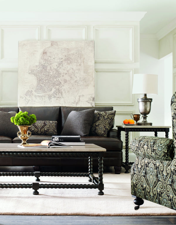 Bernhardt Bernhardt Cordova Spiral-Base Cocktail Table With Travertine Top, Ebonized Wood, Dramatic Baroque Flair K1164