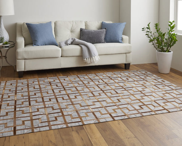 Feizy Rugs Fannin Hand Woven Geometric Rug - Rustic Meets Modern With Viscose And Leather For Elegant Spaces Tan,Brown,Gray Viscose,Leather 7380756fsudslth50