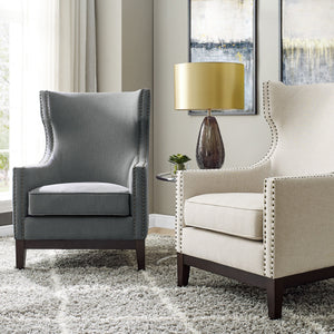 English Elm Steve Silver - Roswell Linen Wingback Chair in Dark Gray — Solid Oak Legs, Scalloped Wingback, Brass Nailhead Trim B081P157150