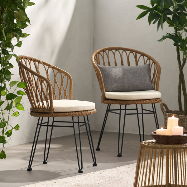 English Elm Christopher Knight Home® - TAVON Wicker Dining Chairs 2-Pack with Cushions, Light Brown PE Rattan, Hairpin Legs, Weather-Resistant Finish 71397.00