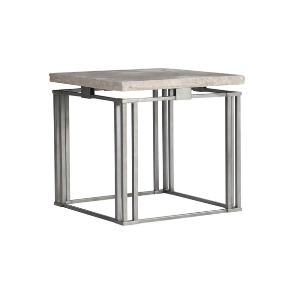 Bernhardt Bernhardt Riverton Side Table — Honed Bianco Travertine Top, Sculptural Silver Metal Base, 24" Square 494111
