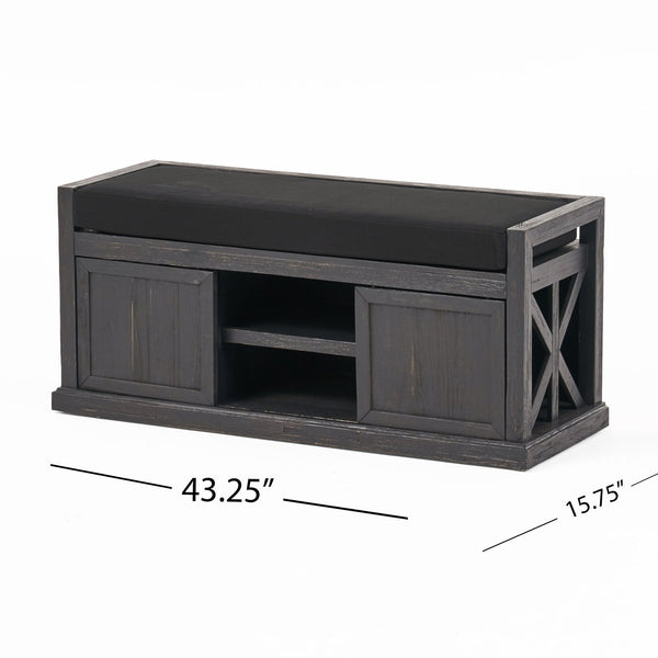English Elm Christopher Knight Home® - Storage Bench Acacia Wood with Water-Resistant Padded Seat, Rustic X-Frame Shoe Organizer with 2 Doors and Shelves 66470.00DGRYBLK