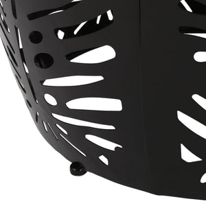 English Elm Metal Cylindrical Accent Table Powder Coated Iron with Tropical Palm Leaf Lattice Design Black 73613.00BLK
