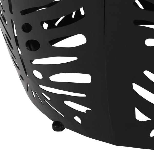 English Elm Metal Cylindrical Accent Table Powder Coated Iron with Tropical Palm Leaf Lattice Design Black 73613.00BLK