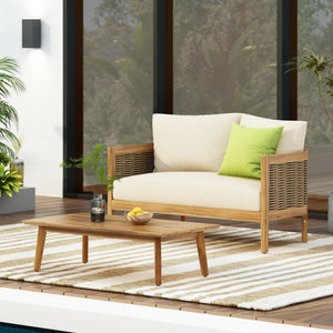 English Elm Christopher Knight Home® - 2 Outdoor Acacia Loveseat Set with Faux Rattan, Plush 6" Cushions & Slatted Coffee Table, Beige 71368.00