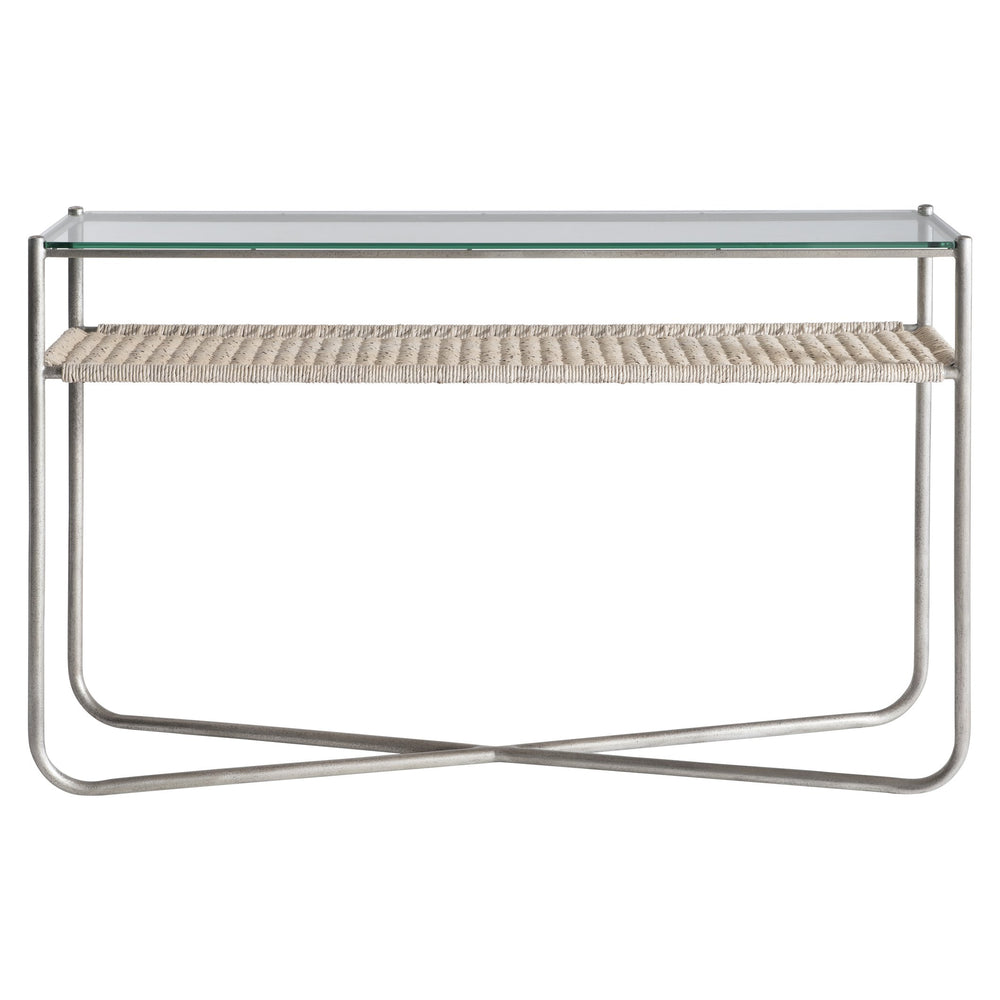 Bernhardt Bernhardt Modern Kendo Console Table With Tempered Glass Top, Woven Abaca Shelf, Graphite Frame 328910