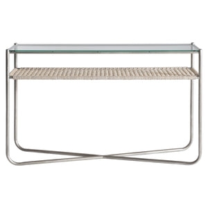Bernhardt Bernhardt Modern Kendo Console Table With Tempered Glass Top, Woven Abaca Shelf, Graphite Frame 328910