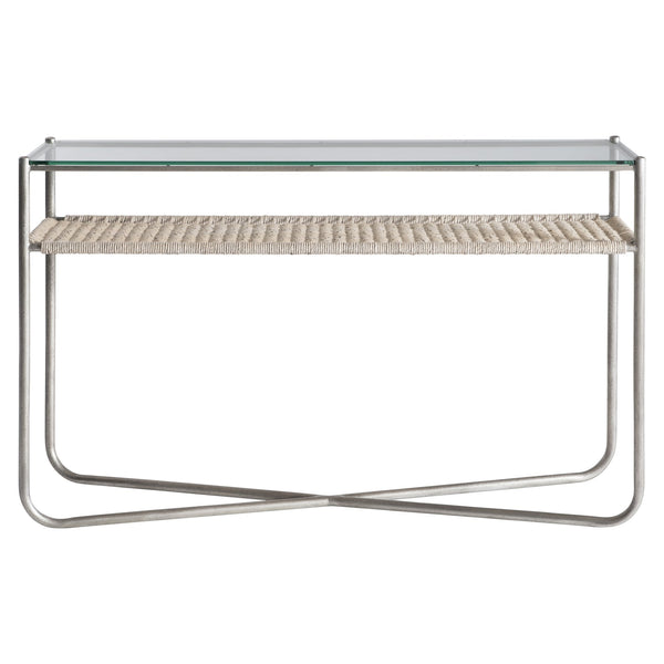 Bernhardt Bernhardt Modern Kendo Console Table With Tempered Glass Top, Woven Abaca Shelf, Graphite Frame 328910