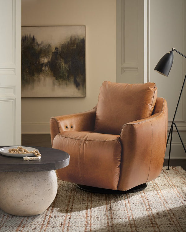 Hooker Furniture Beau Pecan Caramel Top-Grain Leather Swivel Chair With Touch Power Footrest And Tailored Topstitching CC612-PFSW-082
