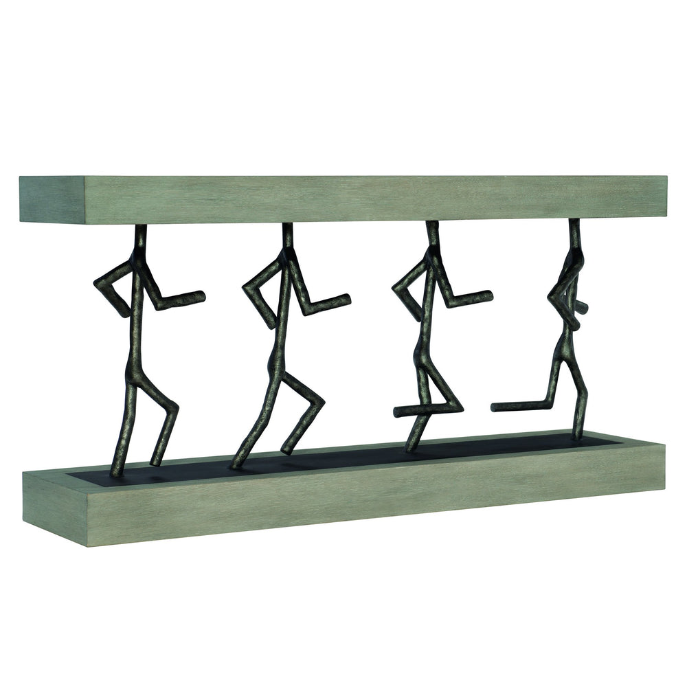 Bernhardt Bernhardt Theo Console Table With Wire‑Brushed Oak Top, Sculptural Cast Iron Figures, Cerused Greige Finish (64") 379910