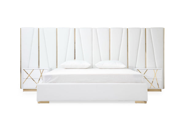 VIG Furniture Nixa Queen Modern White And Gold Upholstered Bed With Wide Headboard, Nightstands, No Box Spring Needed VGVCBD1909-BLK-BED-2NS-SET-Q