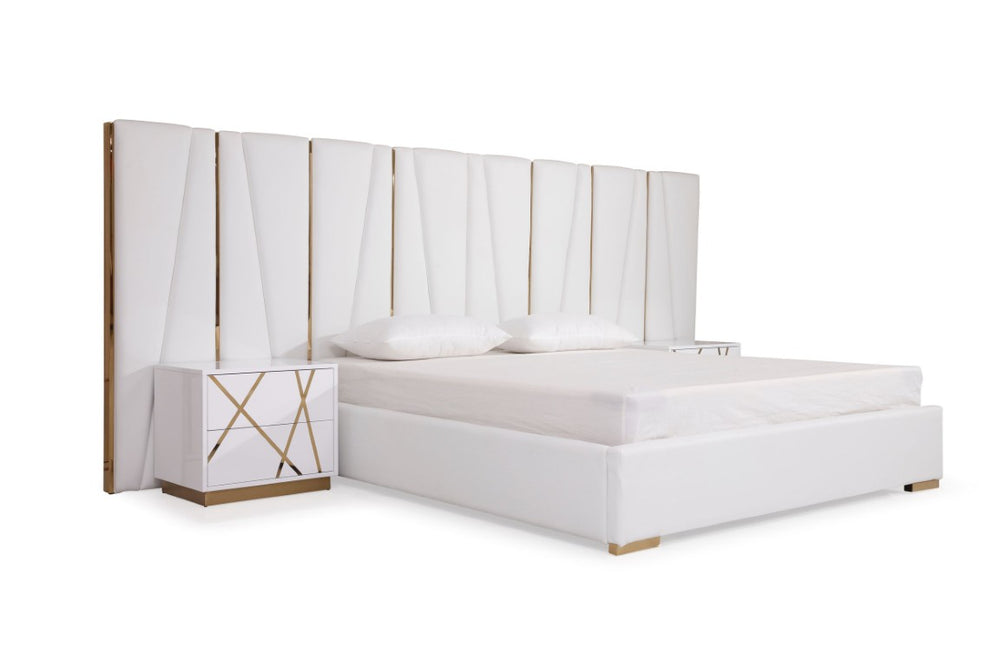 VIG Furniture Nixa Queen Modern White And Gold Upholstered Bed With Wide Headboard, Nightstands, No Box Spring Needed VGVCBD1909-BLK-BED-2NS-SET-Q