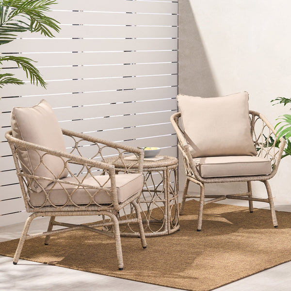 English Elm Christopher Knight Home® - BRUCE Brown 3PC Chat Set – PE Rattan Bistro Patio Seating with Iron Frame & Waterproof Cushions, Compact 70414.00LBRN